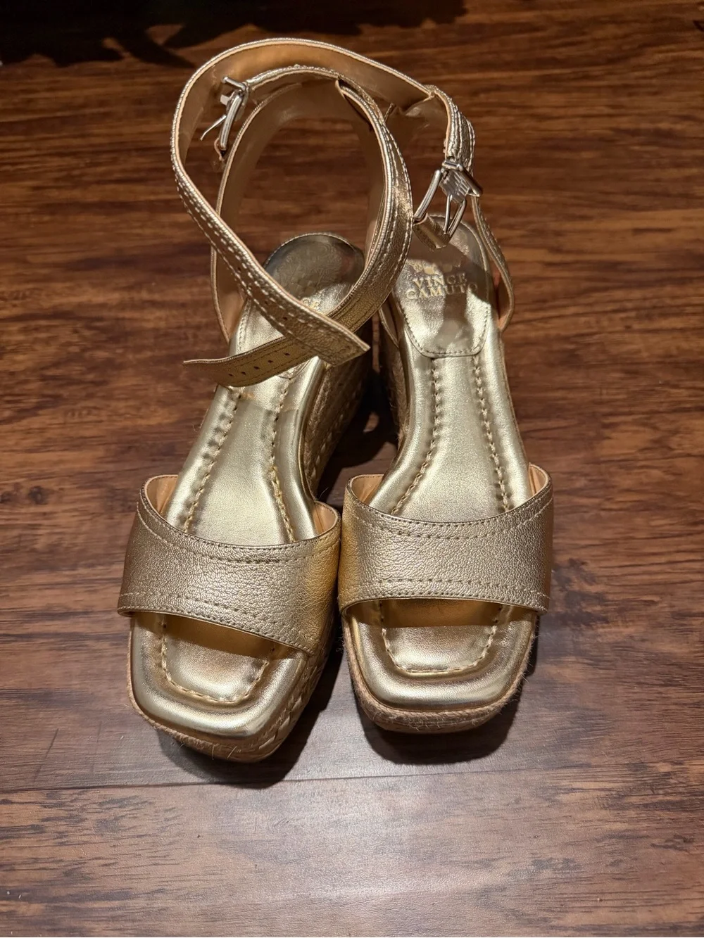 EUC Vince Camuto Lilla Metallic Gold Ankle-Strap Wedge Sandals